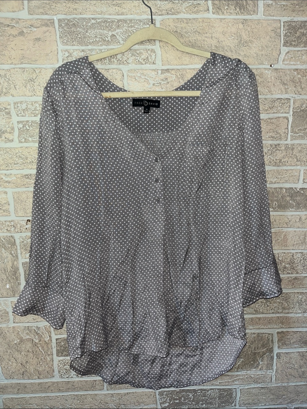 Fred David Taupe Dot V-Neck Sheer Blouse
